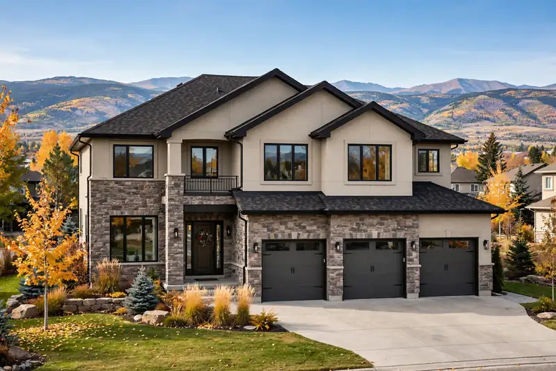 Detached house in Aspen Woods, Calgary, with stone and stucco exterior and a triple garage