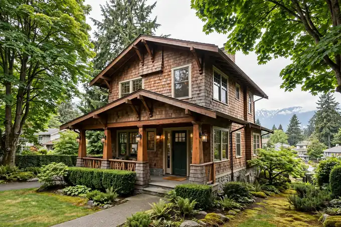 Craftsman-style detached house in Kitsilano, Vancouver, with cedar shingles and a wraparound porch