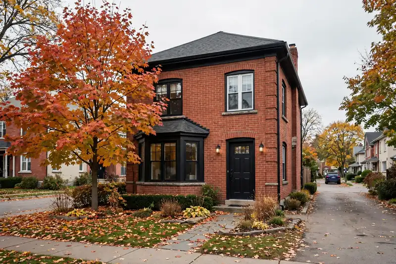 Red-brick detached house in Leaside, Toronto, with red maple leaves out front