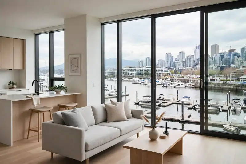 Condo interior in Yaletown, Vancouver, with floor-to-ceiling windows facing False Creek and the marina